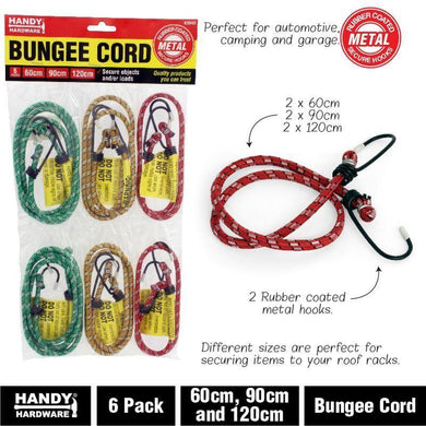 6 Pack Bungee Cord - 60cm, 90cm & 120cm - The Base Warehouse