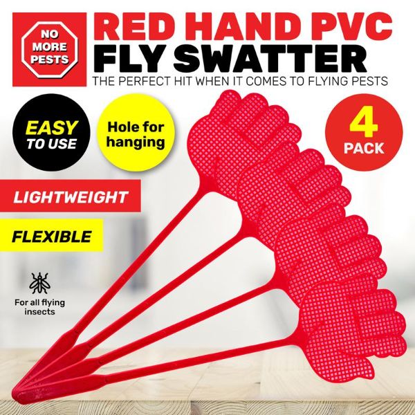 4 Pack Red Fly Swatter - 12cm x 44.5cm