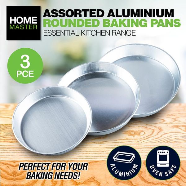 3 Pack Round Aluminium Cake Baking Pan Trays - 24cm x 28cm x 30cm