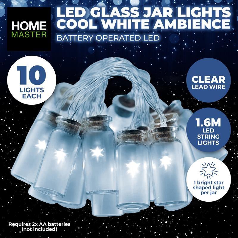 10 Pack Cool White Ambience LED Glass Jar Lights - 1.6m