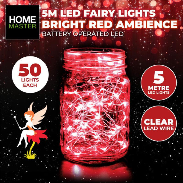 50 Pack Red Battery Operated Fairy Lights - 5 Metre