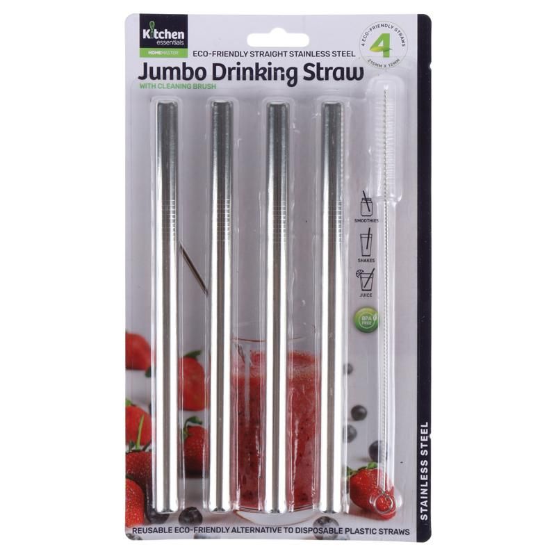 4 Pack Stainless Steel Jumbo Drinking Straw with Cleaning Brush