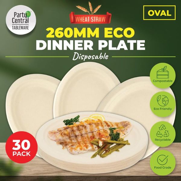 30 Pack Oval Eco Friendly Wheat Straw Dinner Plate - 26cm