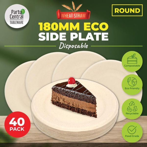 40 Pack Round Eco Friendly Wheat Straw Dessert Plate - 18cm