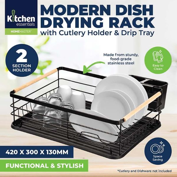 Black Modern Dish Drying Rack With Cutlery Holder & Drip Tray 42cm x 30cm x 13cm