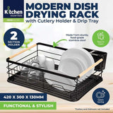 Load image into Gallery viewer, Black Modern Dish Drying Rack With Cutlery Holder & Drip Tray 42cm x 30cm x 13cm