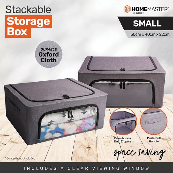 Grey Fabric Foldable 44L Storage Box With Clear Window - 50cm x 40cm x 22cm