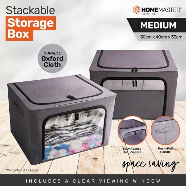 Grey Fabric Foldable 66L Storage Box With Clear Window - 50cm x 40cm x 33cm