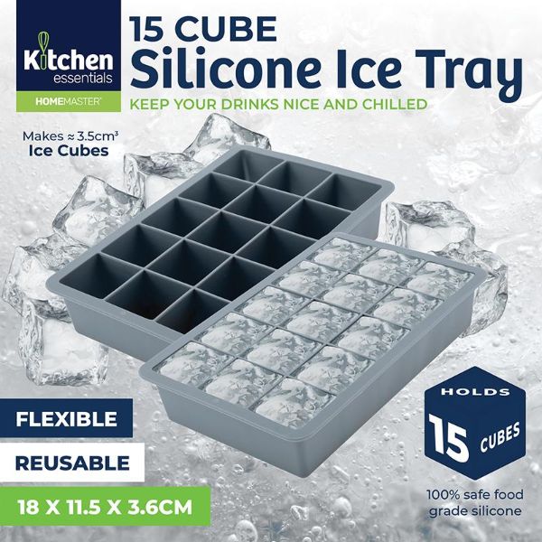 15 Cube Grey Silicone Ice Mould Maker Tray - 18cm x 11.5cm x 3.6cm