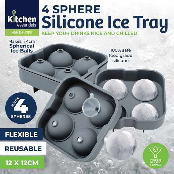 4 Sphere Grey Silicone Ice Tray - 12cm x 12cm x 4.5cm