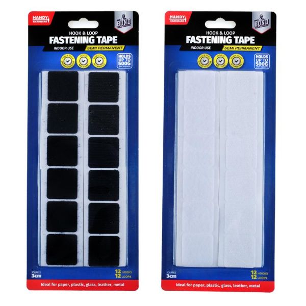 24 Pack Large Square Hook & Loop Adhesive Tape - 3cm x 3cm