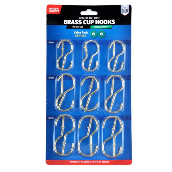 18 Pack Medium - Large Brass Cup Hooks