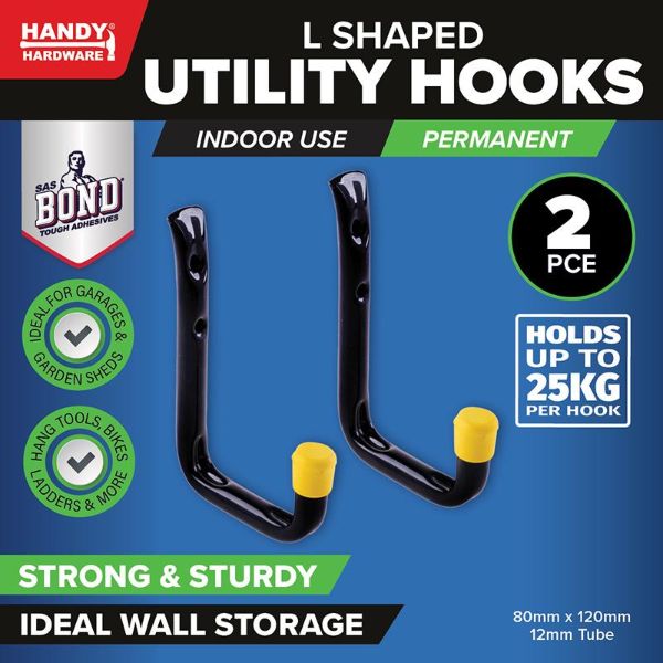 2 Pack L Shaped Utility Hooks - 12cm x 4.6cm
