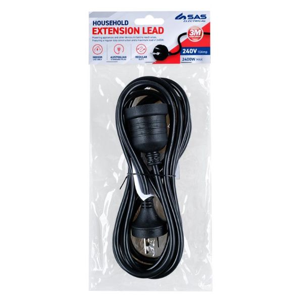 Black 240V 10A Max Load 2400W Extension Lead - 300cm