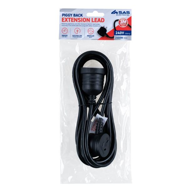 Black 240V 10A Max Load 2400W Piggy Back Extension Lead - 100cm