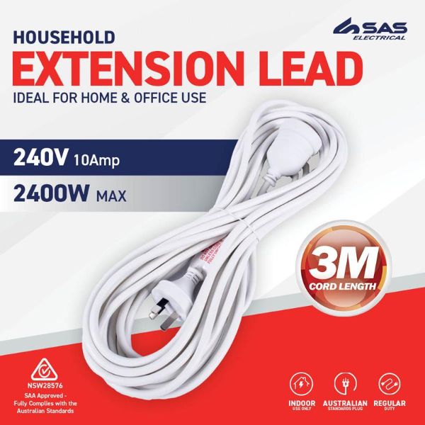 White 240V 10A Max Load 2400W Extension Lead - 3m