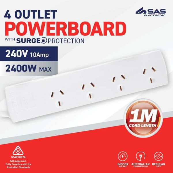White 240V 10A Max Load 2400W 4 Outlets With Surge Protection - 1m