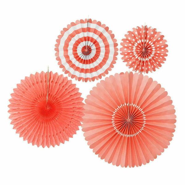 4 Pack Coral Red Paper Fan Set