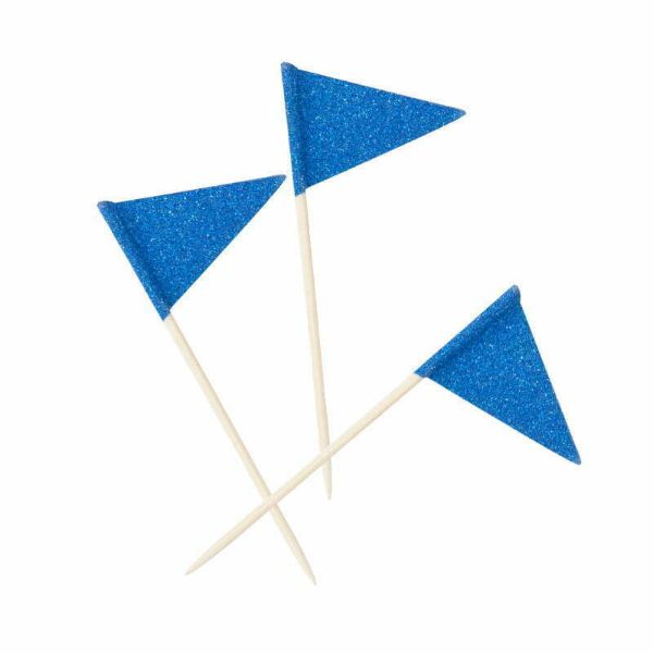 16 Pack Blue Glitter Flag Toppers - 8cm