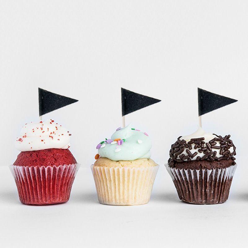 12 Pack Black Glitter Flag Toppers - 8cm