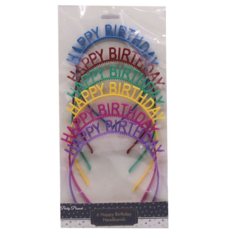 6 Pack Multicolour Plastic Happy Birthday Headbands