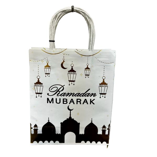 6 Pack White & Gold Ramadan Gift Bag - 21cm x 15cm x 8cm