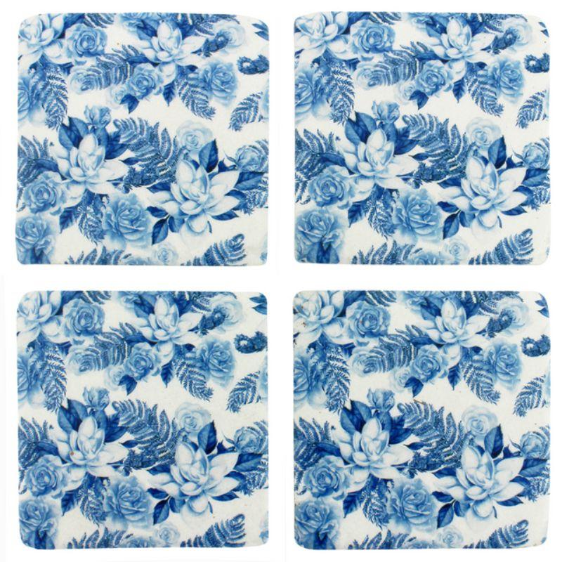 4 Set Blue Floral Resin Coasters - 10cm