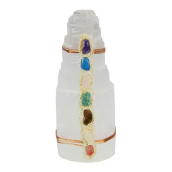 Selenite Tower with Chakra Coloured Gemstones - 13cm