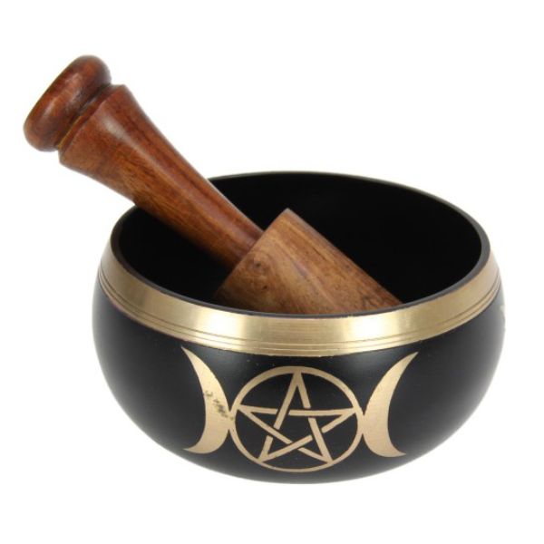 Black and Gold Tibetan Singing Bowl with Triple Moon Design - 10cm