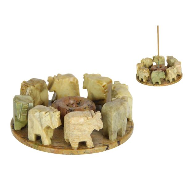 Soapstone Elephants in Circle Incense Holder - 10cm