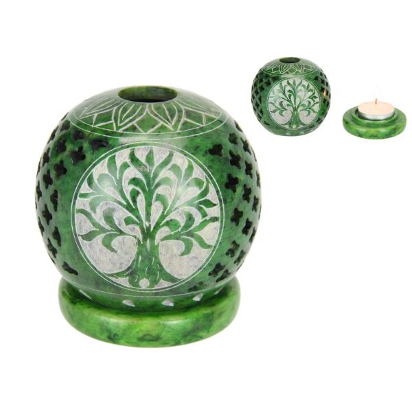 Soapstone Green Tealight Burner with Tree of Life Design - 9cm
