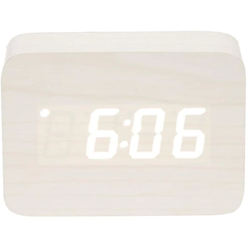 White Wooden Cuboids LED Table Clock - 10cm x 7cm x 4.3cm