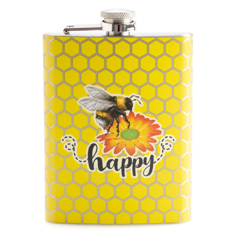Stainless Steel Bright Yellow Joy Bee Metal Flask - 9cm x 2cm x 13.5cm