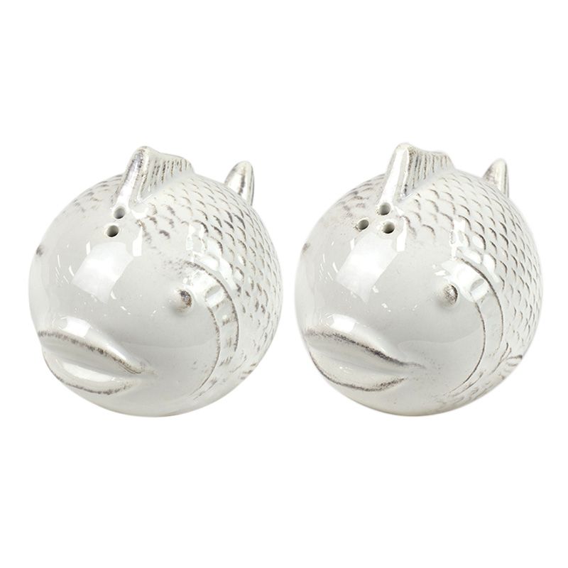 2 Pack White Fish Ceramic Salt & Pepper Shakers - 6cm x 9cm x 7cm