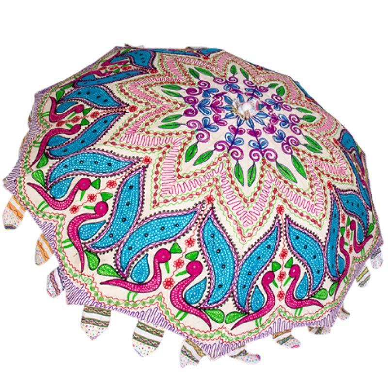Beige Heavily Embellished & Embroidered Beach Umbrella - 180cm x 180cm x 210cm