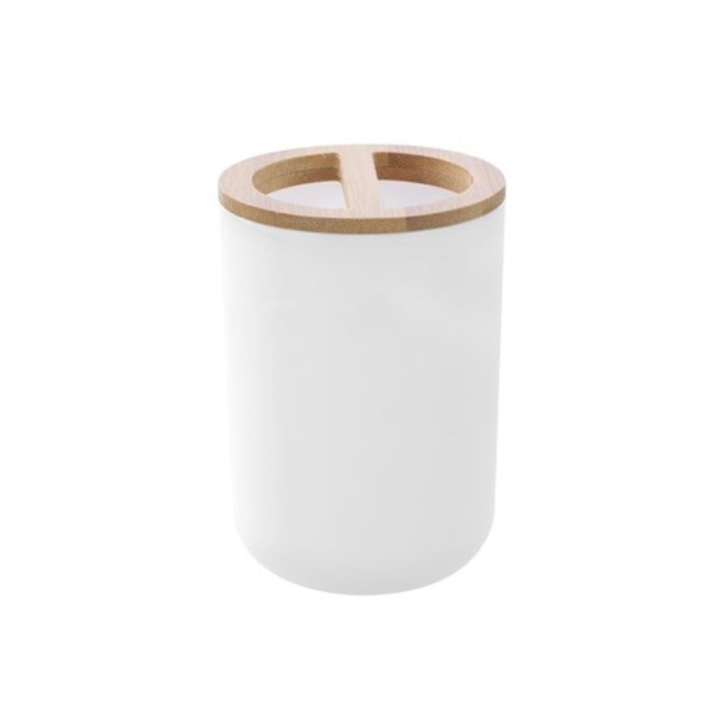 Boxsweden Bano White Toothbrush Holder with Bamboo Top - 7.5cm x 7.5cm x 10.5cm