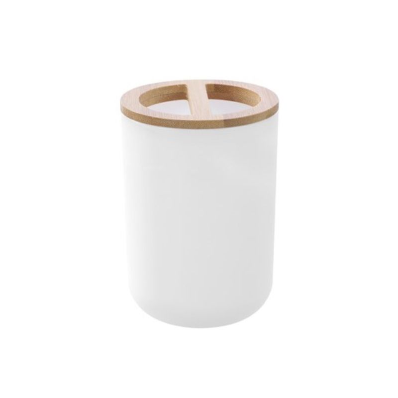Boxsweden Bano White Toothbrush Holder with Bamboo Top - 7.5cm x 7.5cm x 10.5cm
