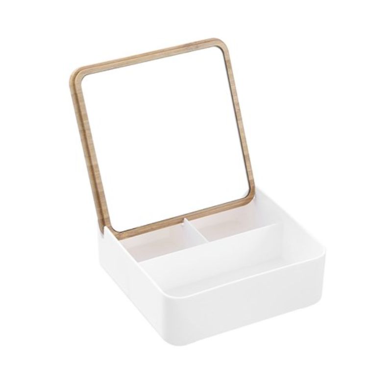 Boxsweden Bano White Square Organiser Box with Mirror Bamboo Top - 14cm x 14cm x 5cm