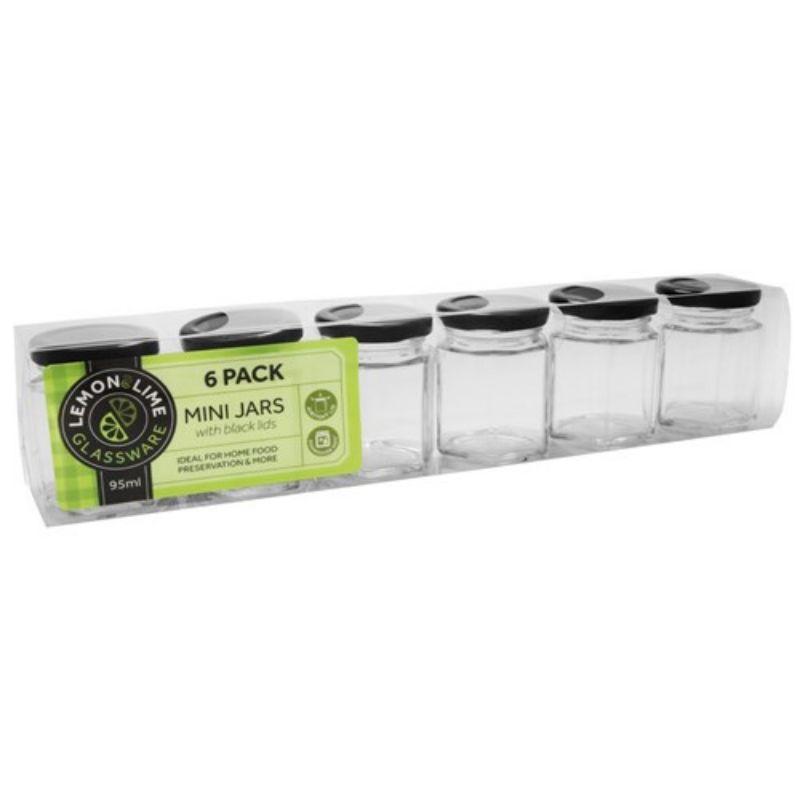 6 Pack Glass Hexagonal Jars with Black Lid - 95ml