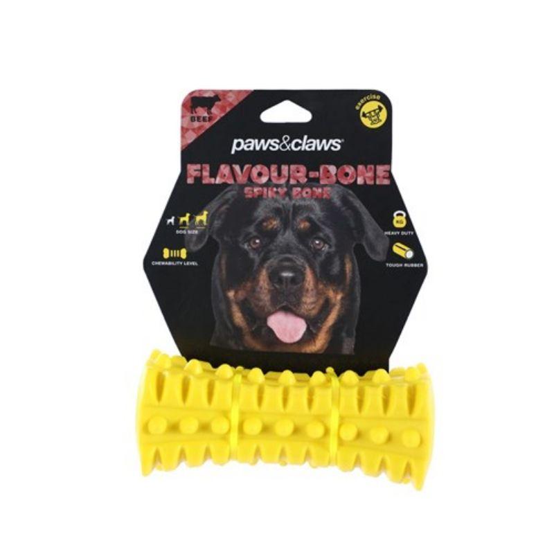 Flavour-Bone Yellow Spiky Bone Beef Flavoured Rubber Toy - 16cm x 6.5cm