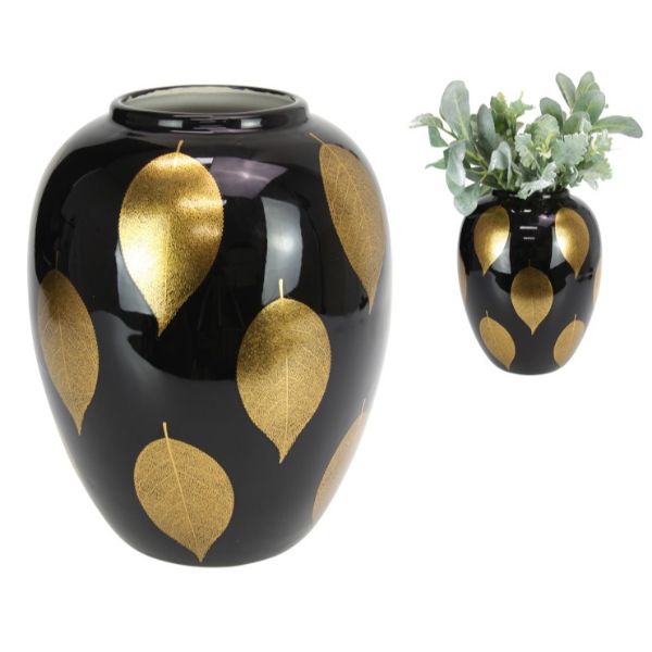 Black Vase with Gold Fern Print - 25cm