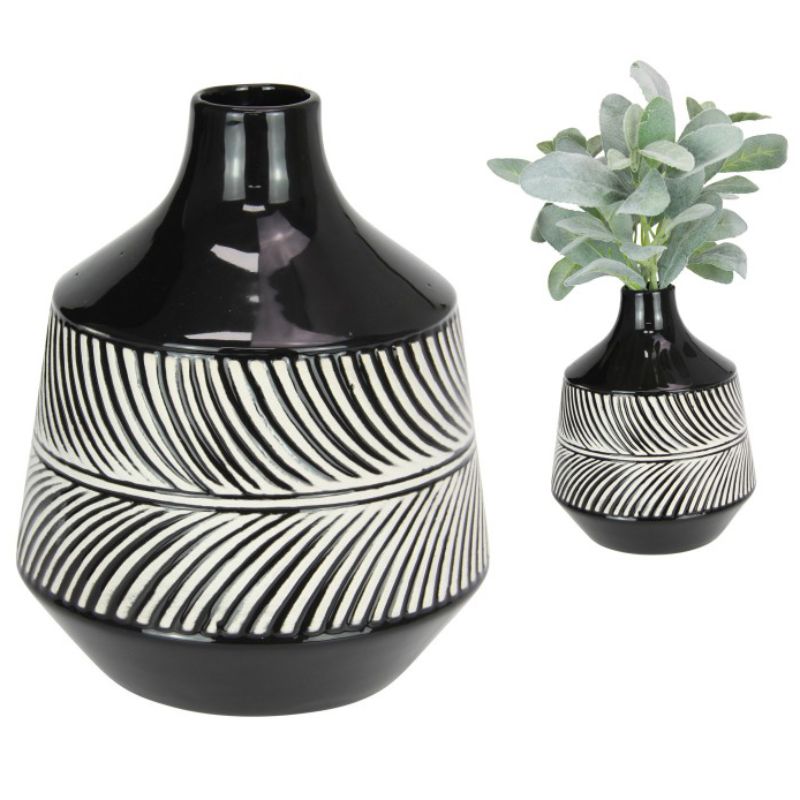 Black Vase with White Fern Pattern - 20cm