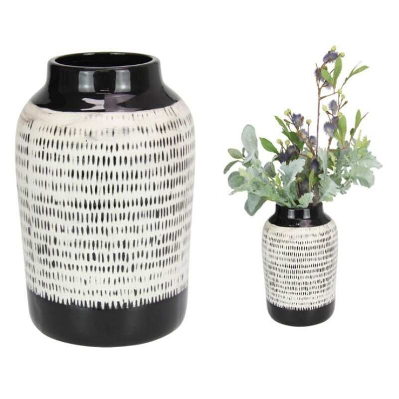 Black Vase with White Decor Pattern - 22cm