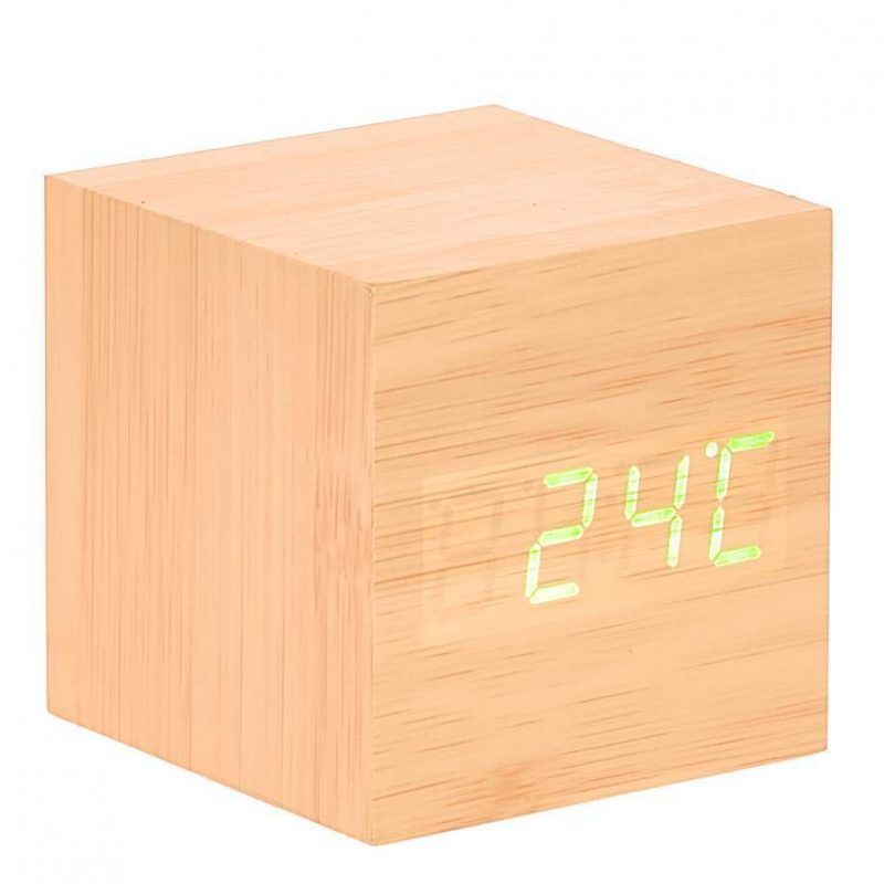 Natural LED Wooden Cube Table Clock - 6cm x 6cm x 6cm