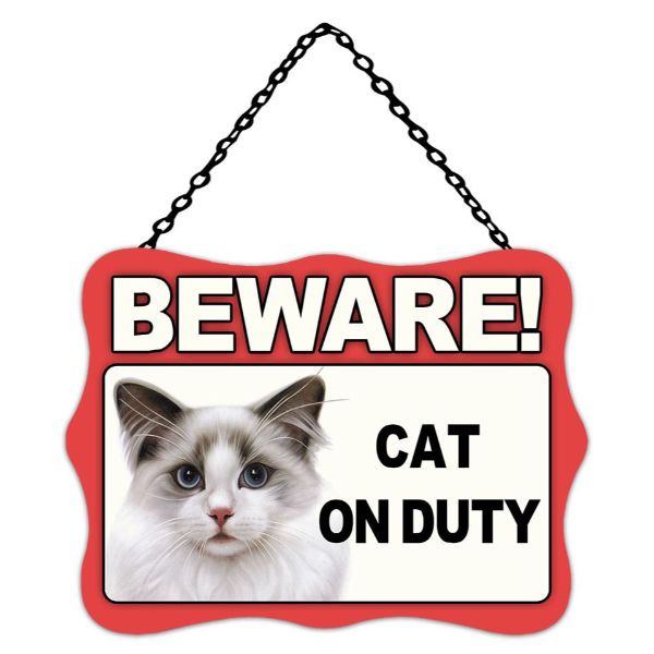 Metal Beware Cat On Duty Wall Hanging Sign -20cm x 27cm