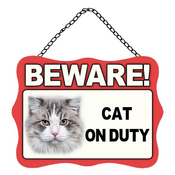 Metal Beware Cat On Duty Wall Hanging Sign -20cm x 27cm