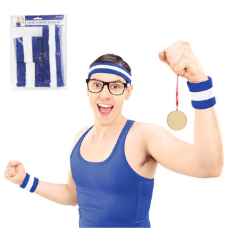 2 Pack Blue Stripe Wristband and Headband - The Base Warehouse