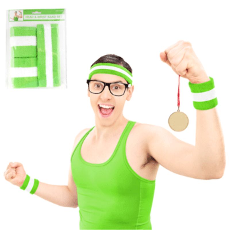 2 Pack Green Stripe Wristband and Headband