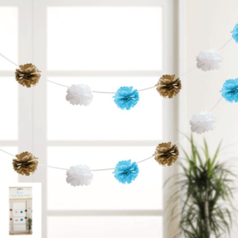Metallic Blue/White/Gold Puff Garland - 3m - The Base Warehouse