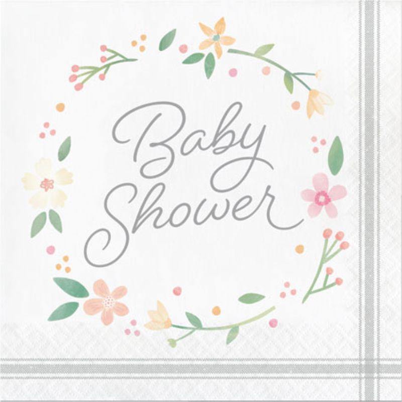 16 Pack Farmhouse Floral Baby Shower Napkins - 33cm - The Base Warehouse
